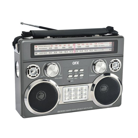 QFX Gray Portable Retro AM/FM/SW 3-Band Radio With Flashlight Bluetooth Boombox - Picture 1 of 3